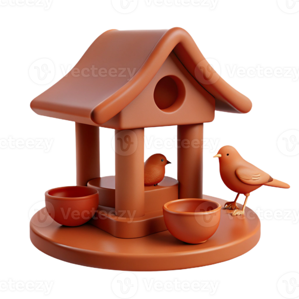 3D Render of a Birdhouse with Two Birds and Bowls png