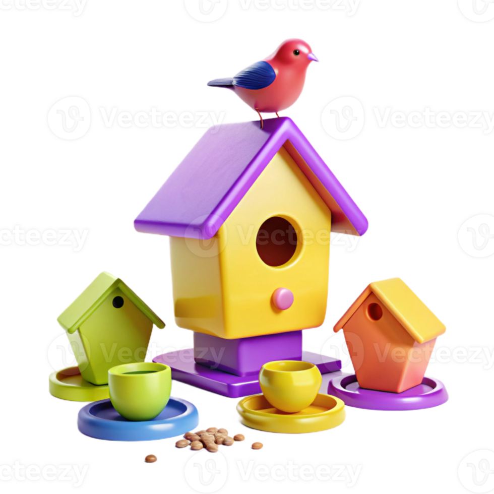 Colorful Birdhouses with Bird and Seeds png