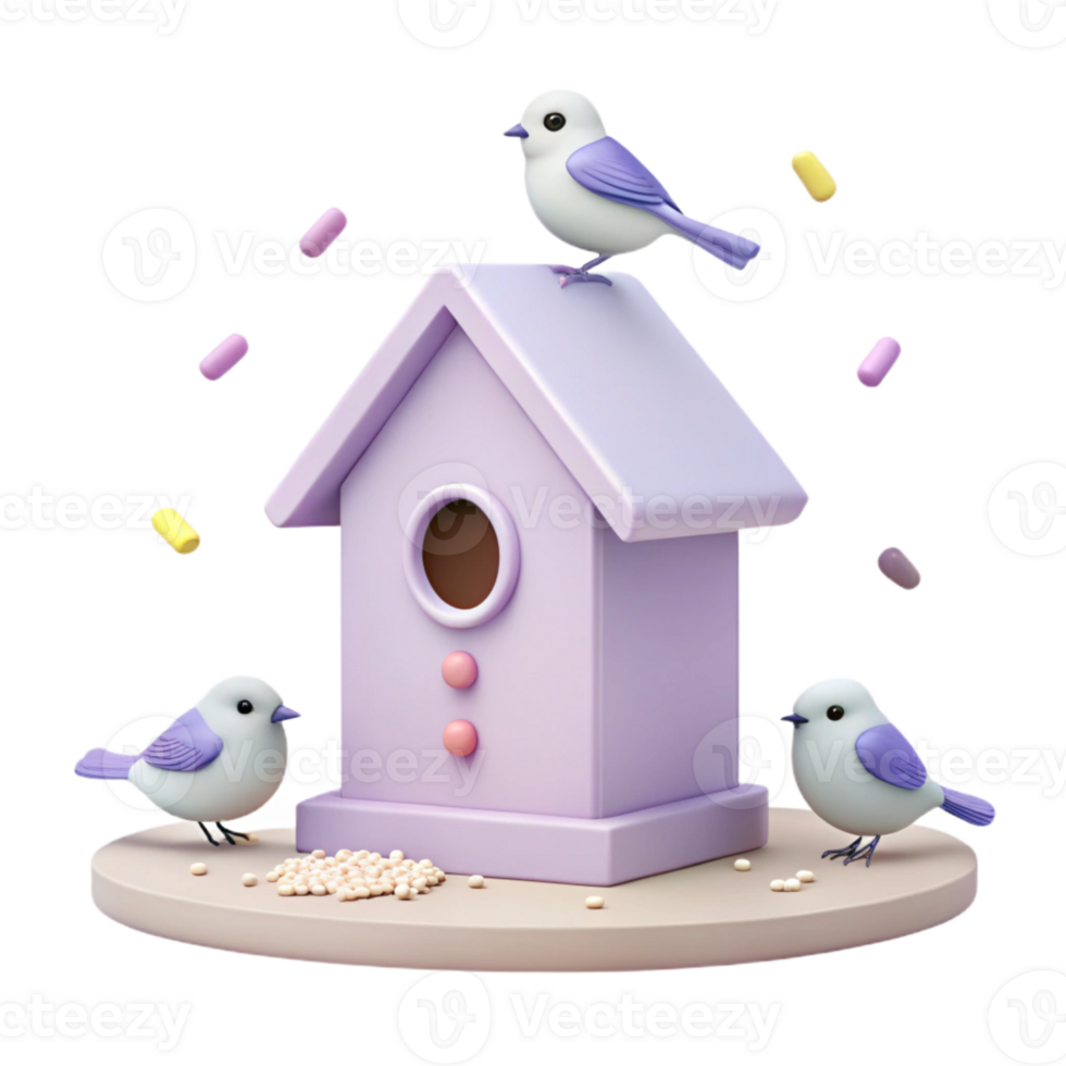 Cute 3D Birdhouse with Birds and Seeds png