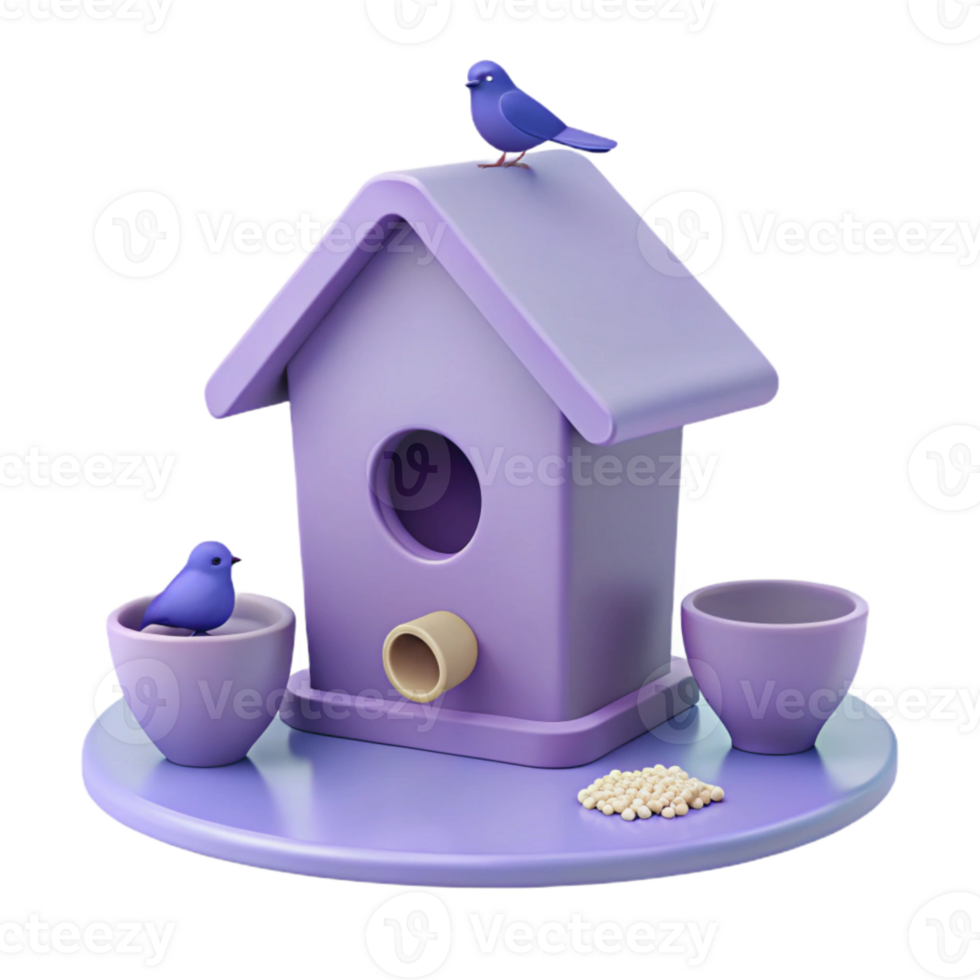 Purple Birdhouse with Two Birds and Seeds png