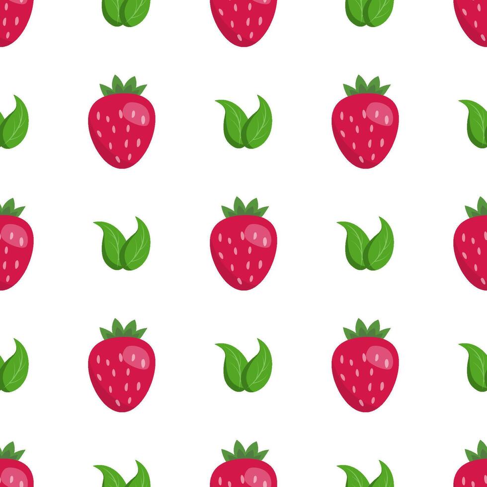 Seamless berry pattern with strawberries and green leaves on a white background vector