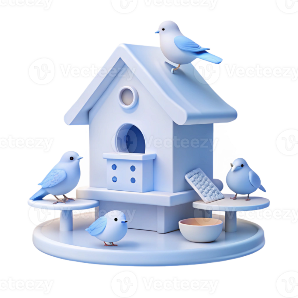 Cute Blue Birdhouse with 3D Birds png