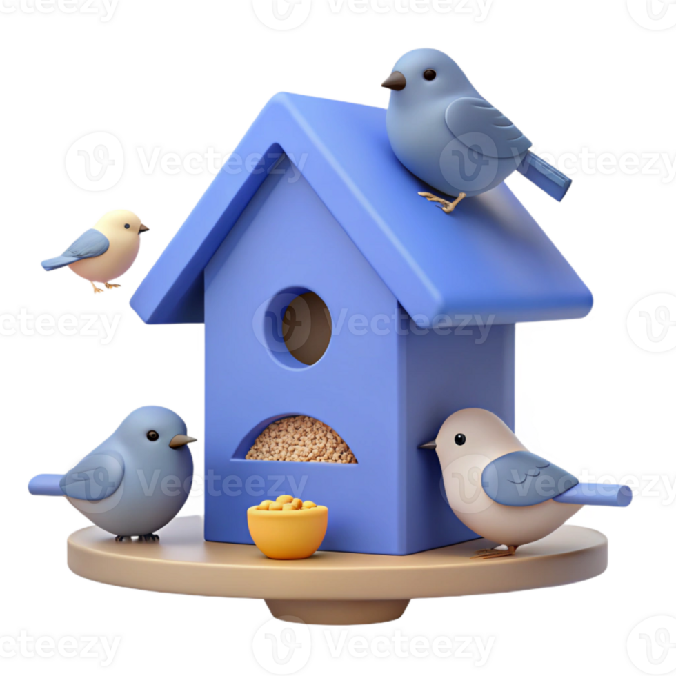 Cute Cartoon Birds on a Birdhouse with Seed Feeder png