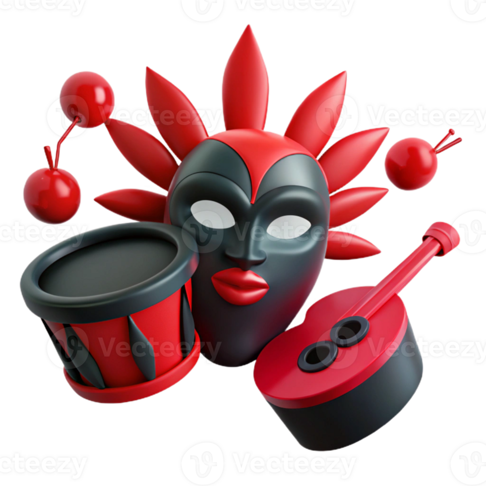 Red and Black Carnival Mask with Drum and Guitar png