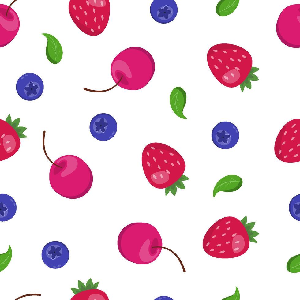 Berry print with strawberry, blueberry, cherry. Seamless pattern with summer berries vector