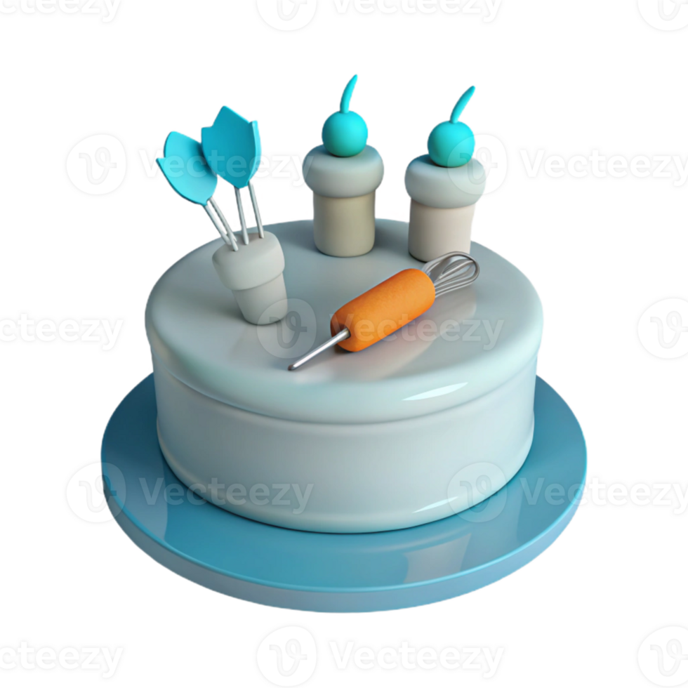 Blue and White 3D Cake with Baking Utensils png
