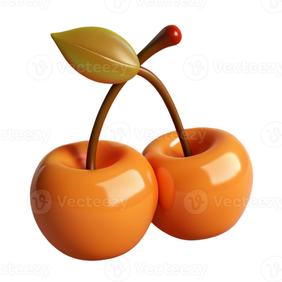 Glossy 3D Render of Two Cherries with Green Leaf png