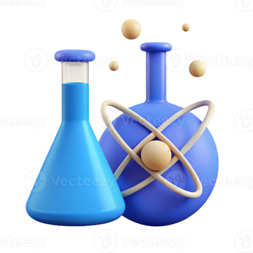 3D Render of Science Flasks and Atom png