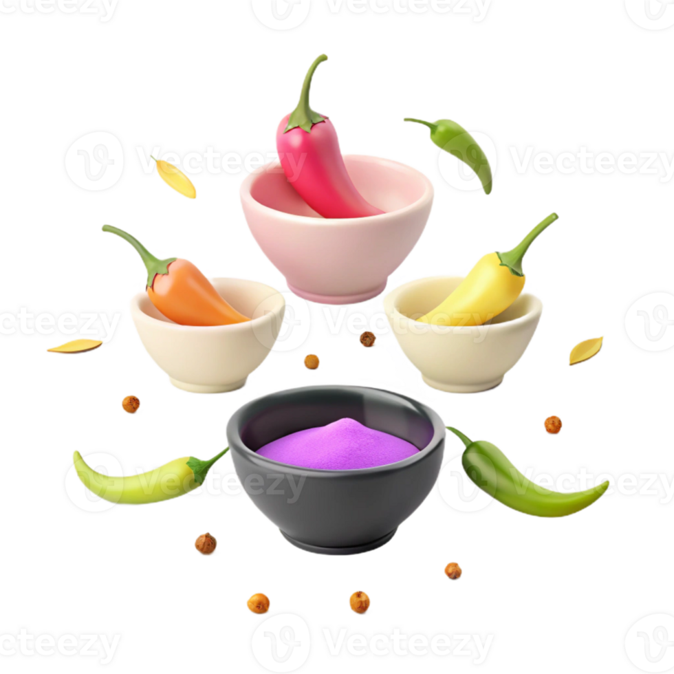 Colorful Chili Peppers in Bowls with Purple Powder and Spices png