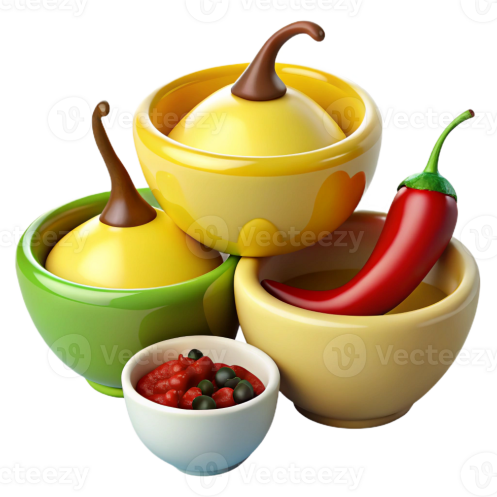 Colorful Bowls with Red Chili Pepper and Condiment png
