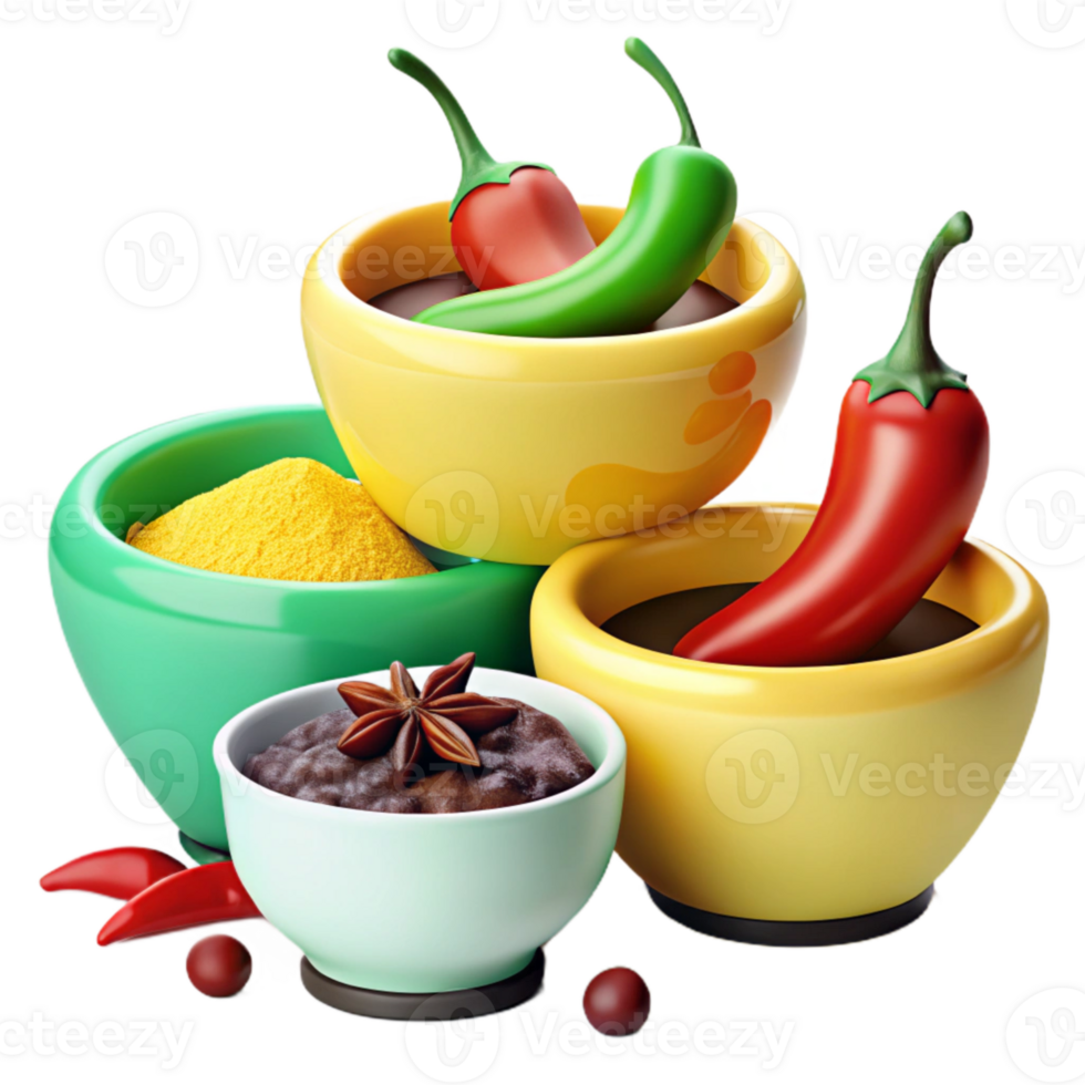 Colorful Bowls with Chili Peppers and Spices png