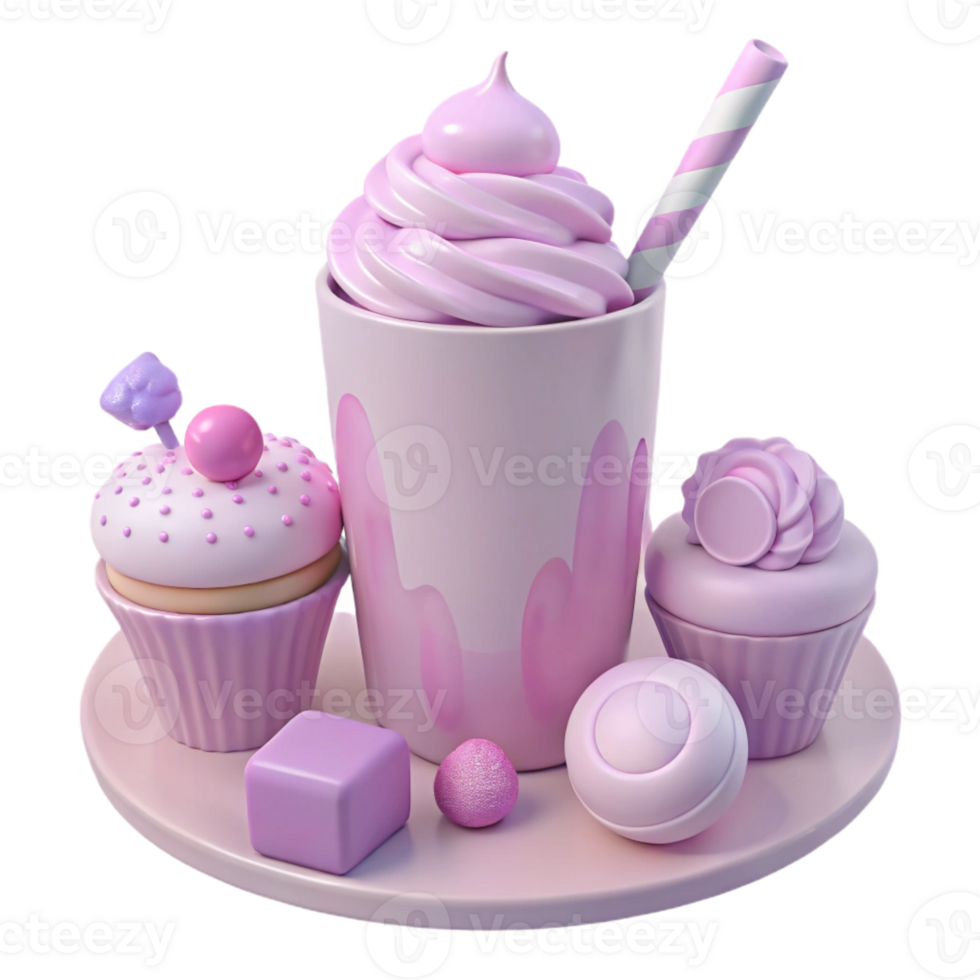 Purple Dessert Platter with Cupcake, Milkshake, and Candy png