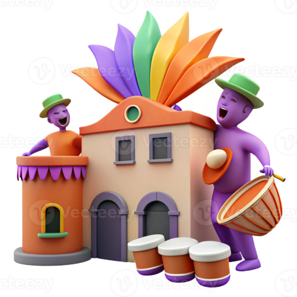 3D Illustration of Festive Characters Playing Drums in Front of a Building with Colorful Decorations png