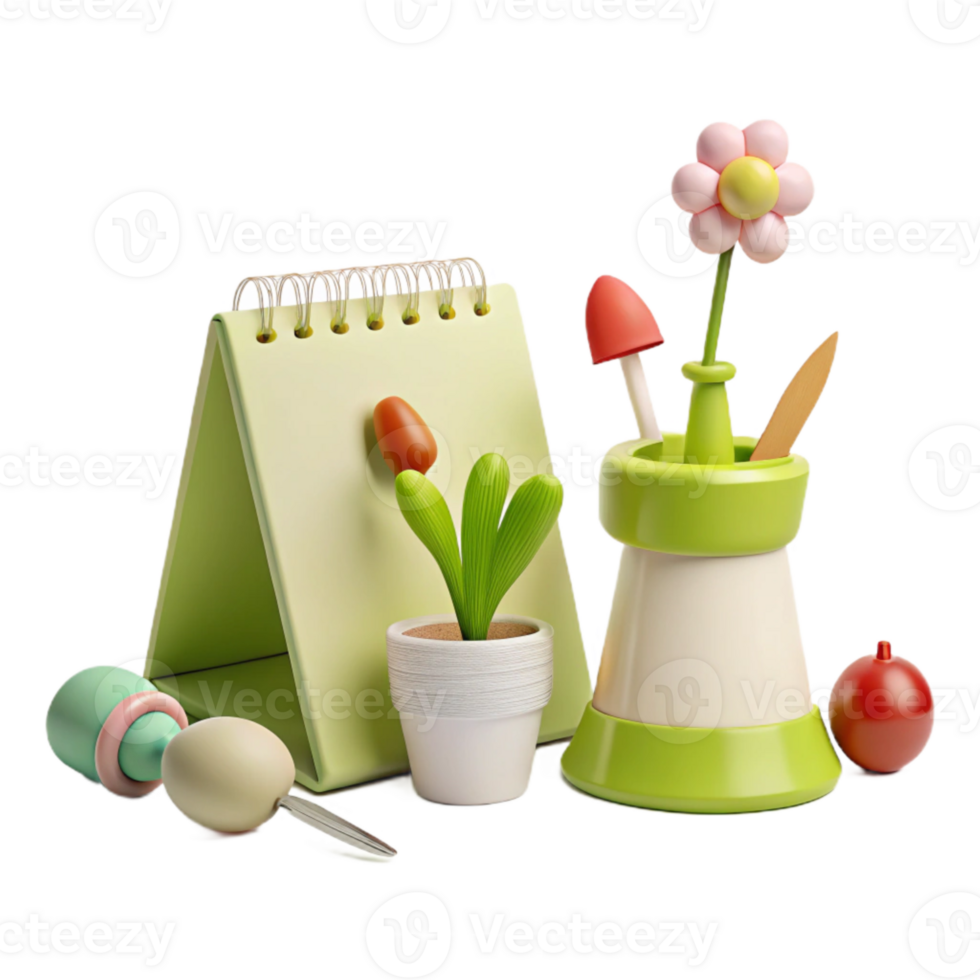 3D Rendered Illustration of Desk Accessories with Flowers and a Calendar png