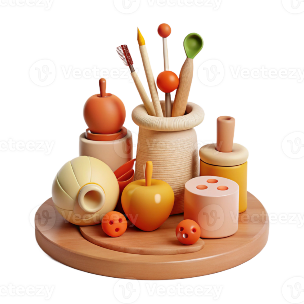 3D Rendered Still Life with Wooden Objects png