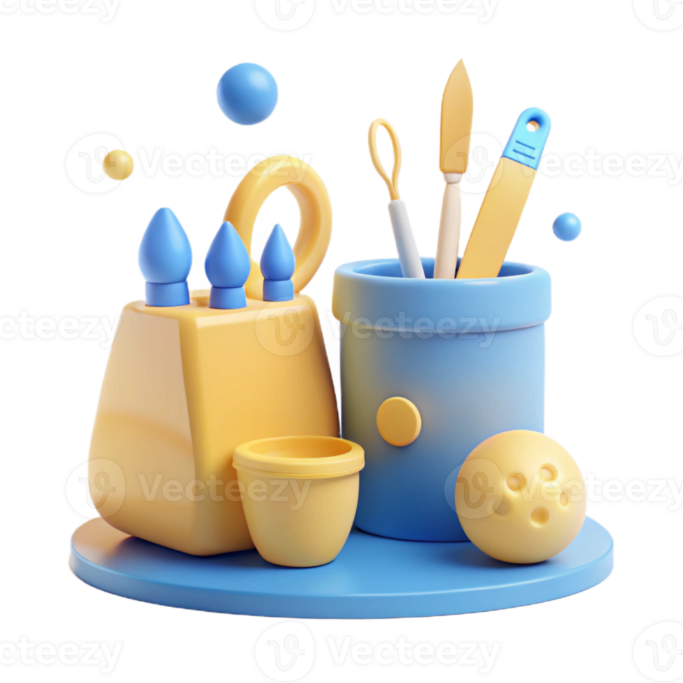 3D Render of a Desk Organizer with Paintbrushes, a Cup, and a Ball png