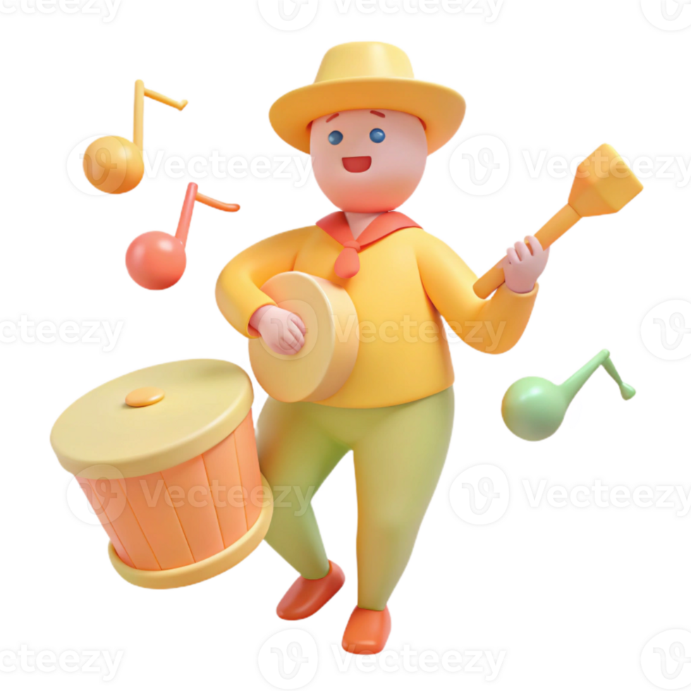 3D Cartoon Character Playing Music with Drums png