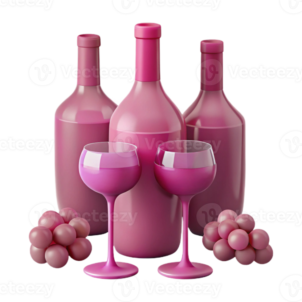 Three Pink Wine Bottles with Wine Glasses and Grapes png