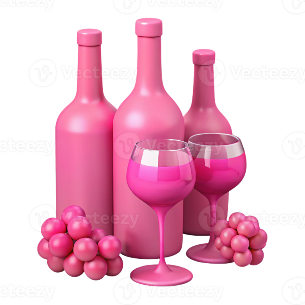 Pink Wine Bottles, Glasses and Grapes png