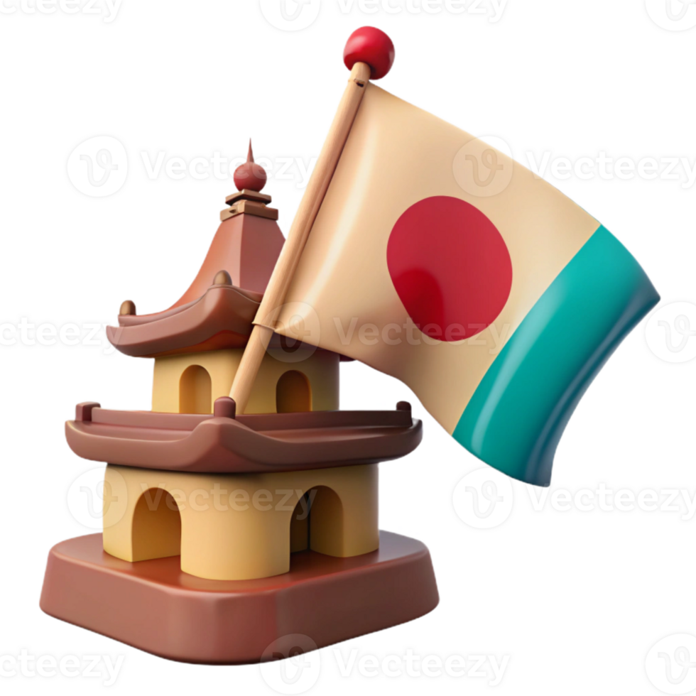 3D Render of Pagoda with a Red Circle Flag png