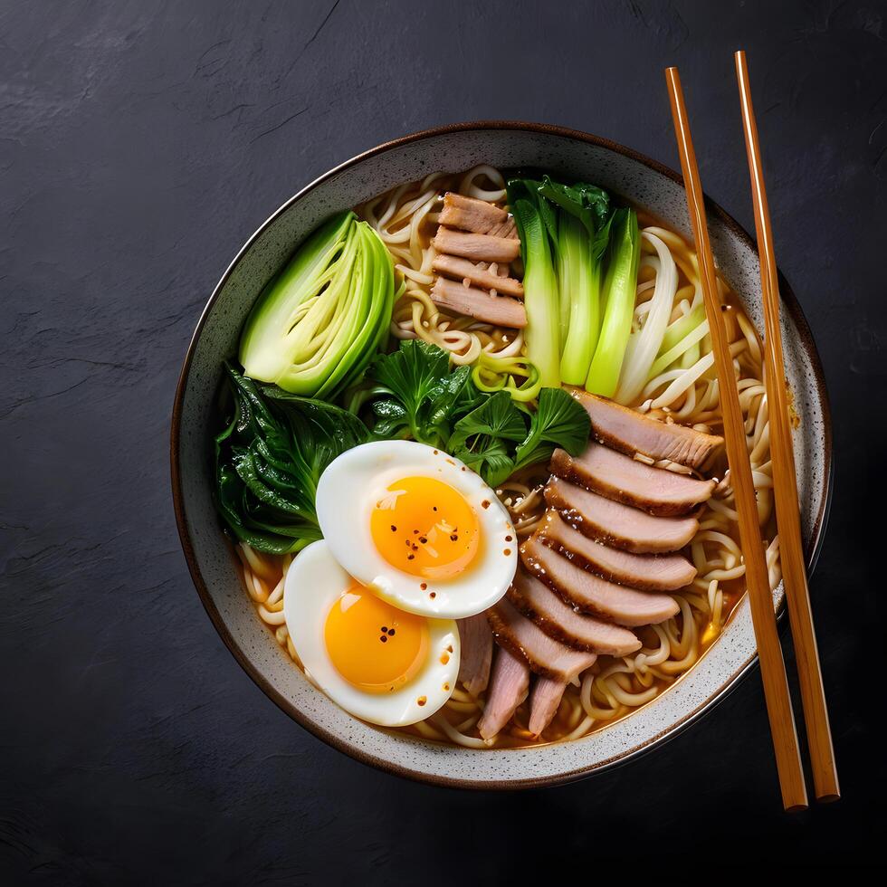 Miso Ramen Asian noodles with egg, pork and pak choi cabbage in bowl on dark background. Japanese cuisine. Top view. Banner photo