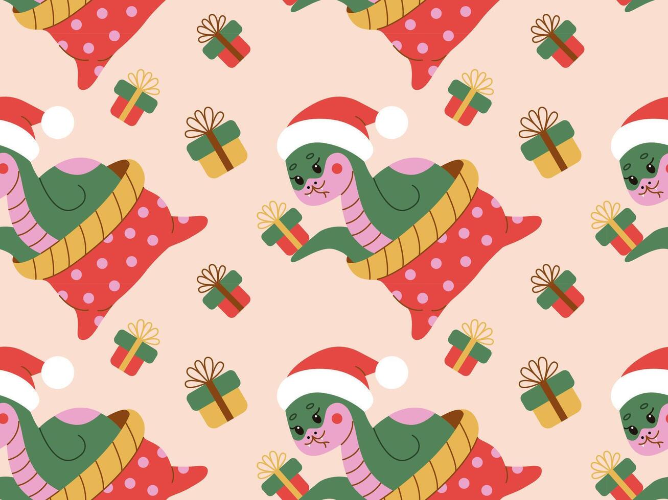 Seamless holiday pattern featuring a cheerful snake in a Santa hat inside a gift bag, surrounded by presents. Perfect for festive designs, wrapping paper, and seasonal decorations. vector