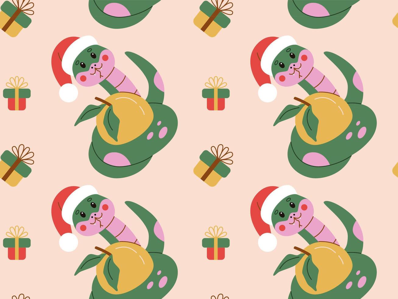 Seamless pattern featuring a festive snake with an orange in a Santa hat, surrounded by gift boxes. Ideal for Christmas-themed designs, wrapping paper, and holiday decorations. vector
