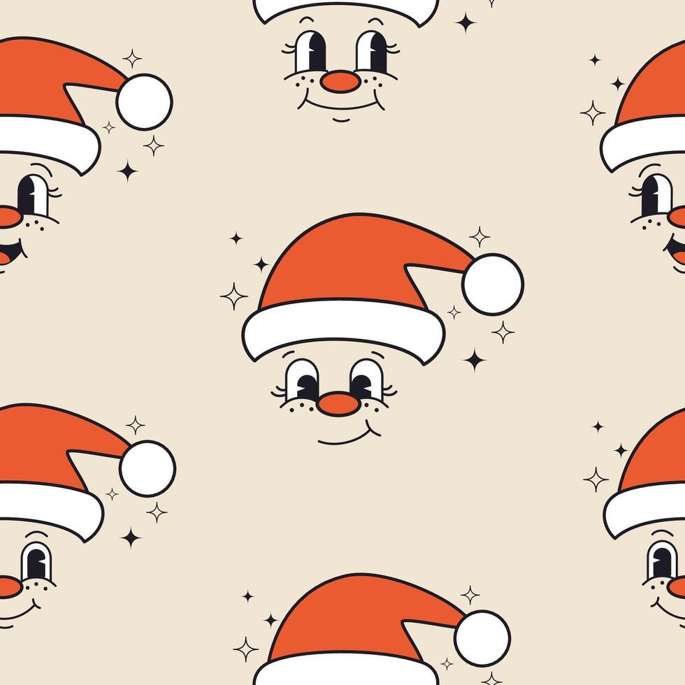 Seamless pattern with cheerful faces and Santa Claus hat. Backgrounds in trendy retro style. Hippie 60s, 70s style. illustration. vector