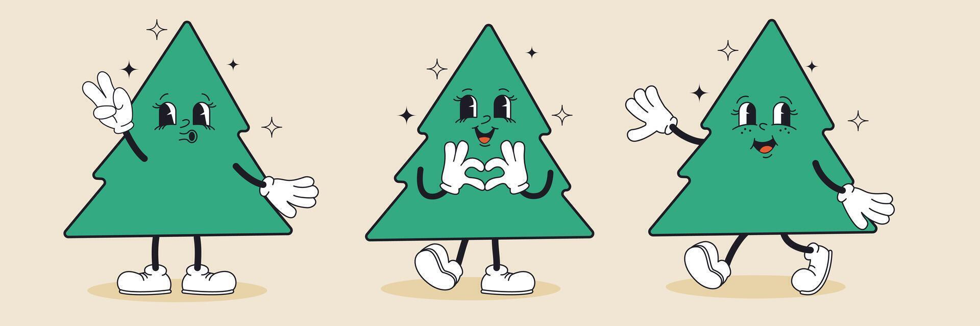 Groovy Christmas trees in trendy retro cartoon style. Merry Christmas and Happy New year greeting card, poster, print, party invitation, background. vector