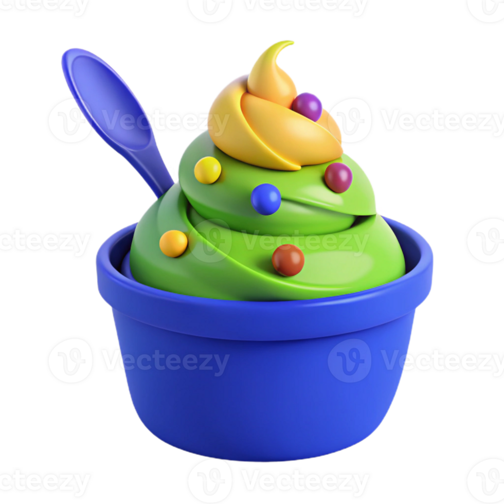 Colorful Swirled Ice Cream with Toppings in Blue Cup png