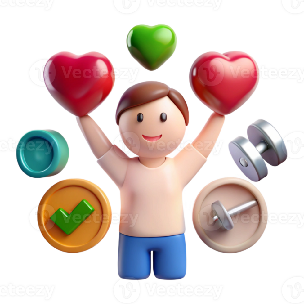 Happy 3D Character Celebrating Success with Hearts, Checkmark, and Dumbbell png