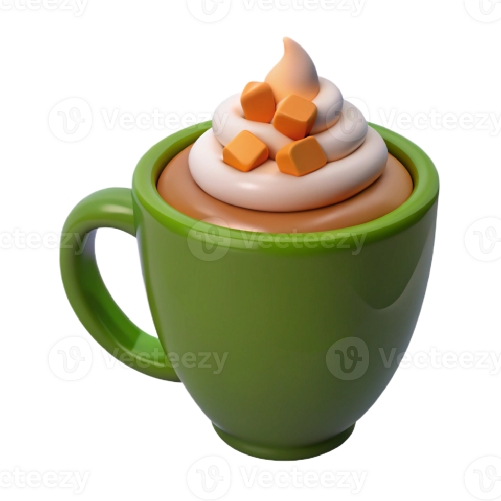 Whipped Cream and Caramel Topped Coffee in Green Mug png