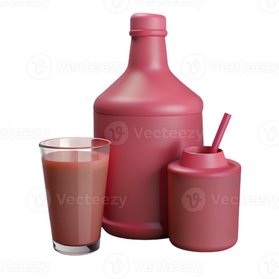 Pink Glass Bottle and Cup with Straw and Chocolate Milk png