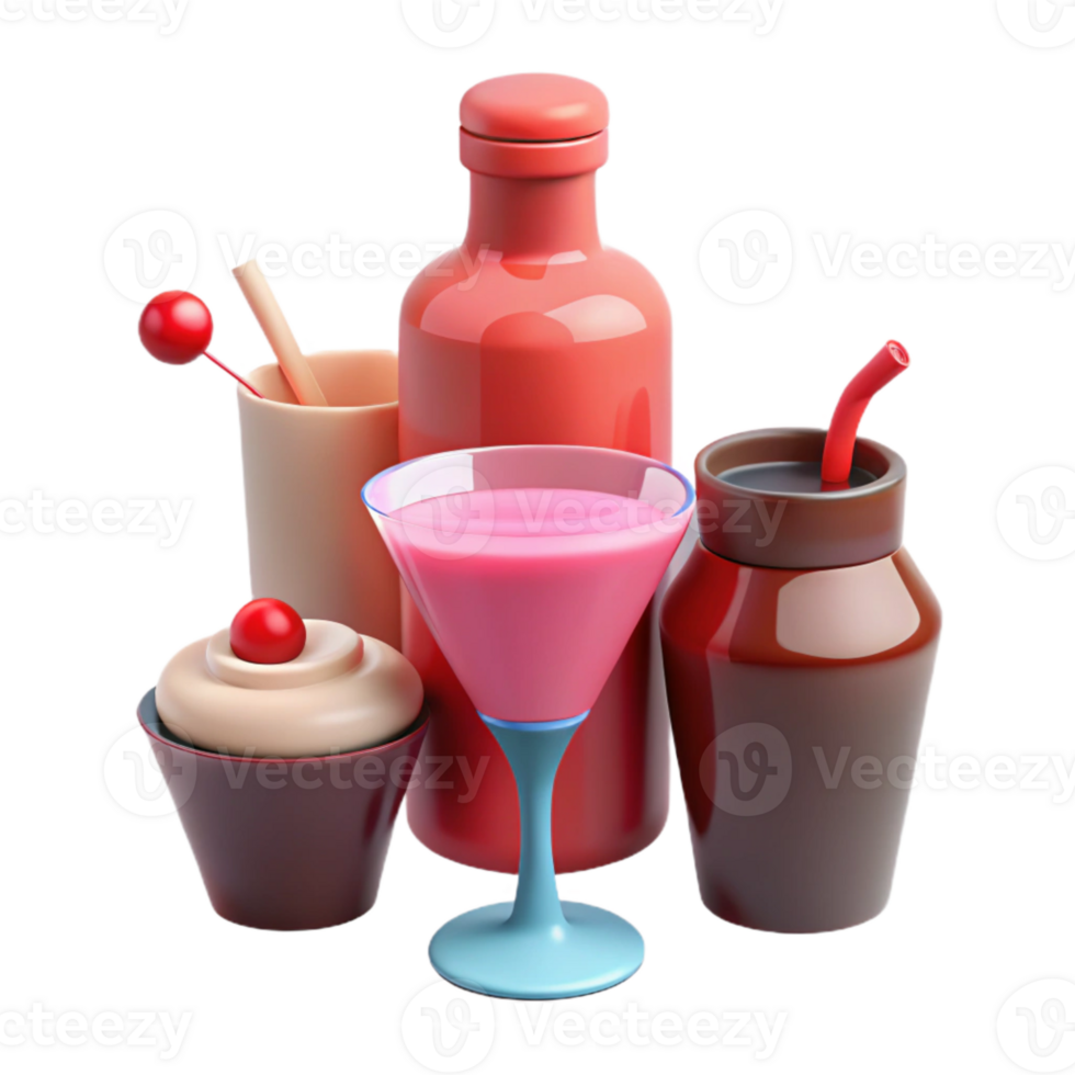 Pink Cocktail, Cupcake, and Bottles in 3D png
