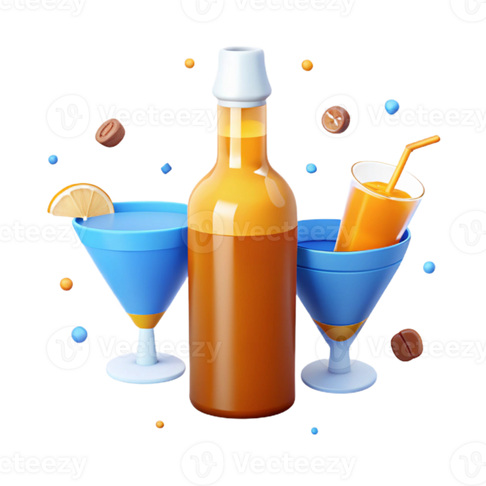 Blue and Orange Drinks with a Bottle and Lemon Wedge png