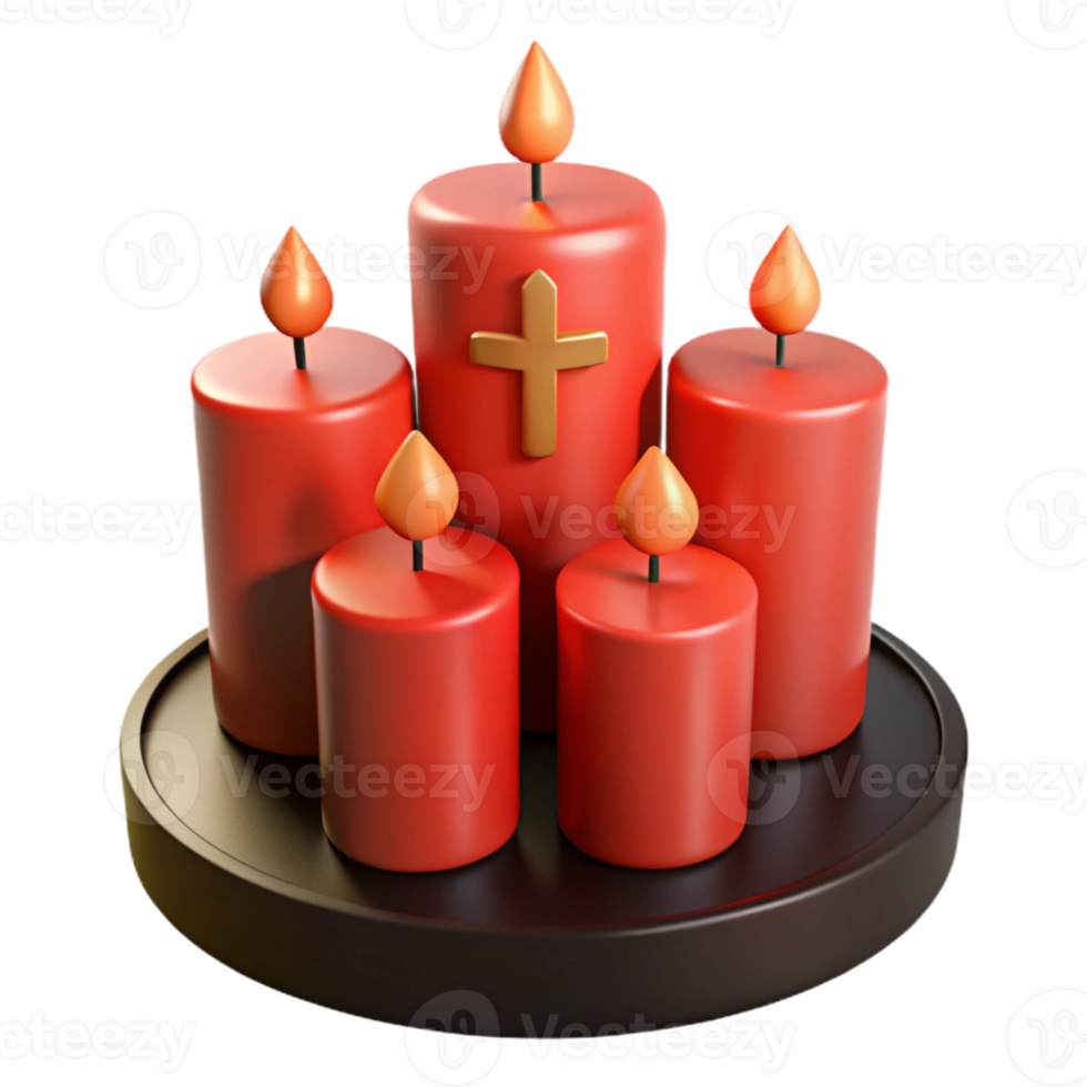 Five Red Candles with Golden Cross on Tray png