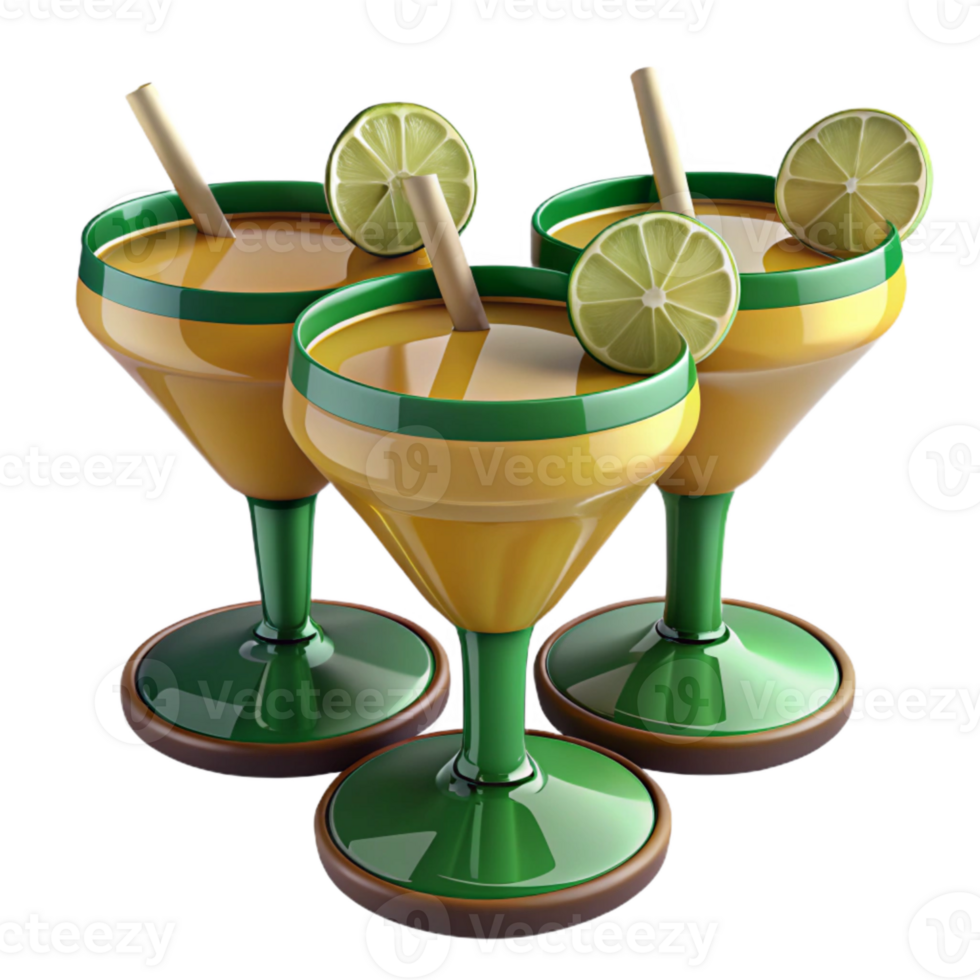 Three Yellow Cocktails with Lime Wedges and Straws png