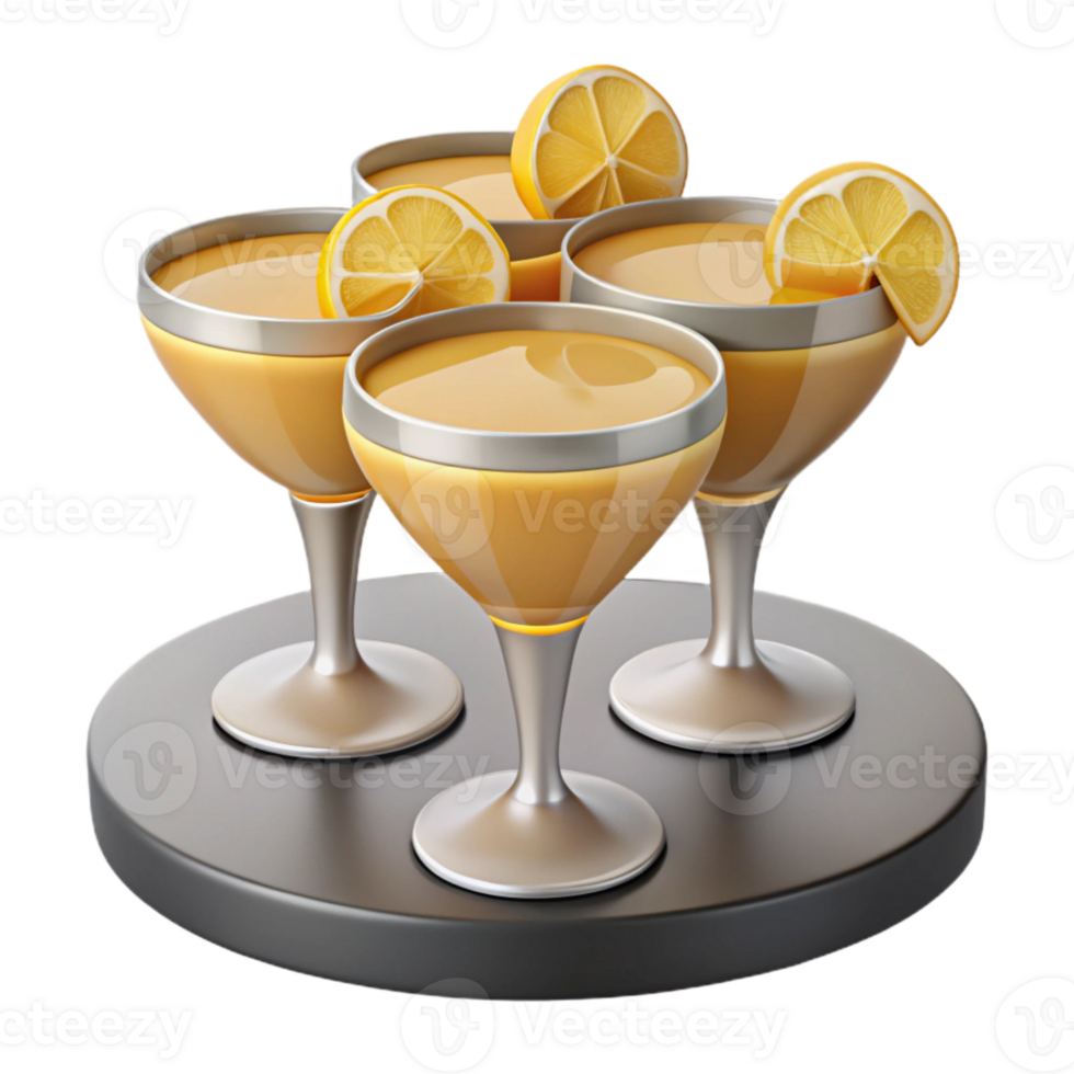Four Glasses of Yellow Cocktail with Lemon Wedges on a Silver Tray png