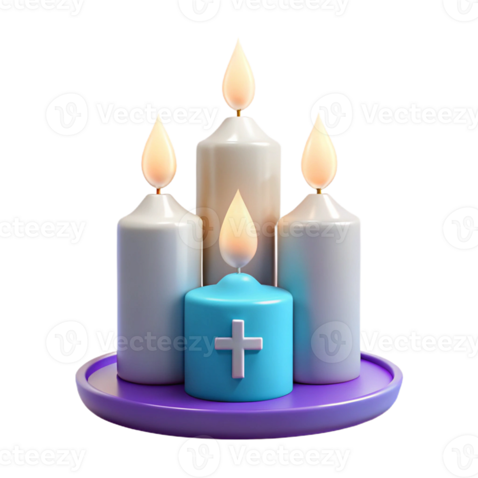Four Burning Candles with a Cross on a Blue Candle png