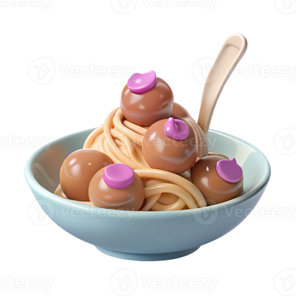 3D Rendered Bowl of Spaghetti with Meatballs and Pink Toppings png