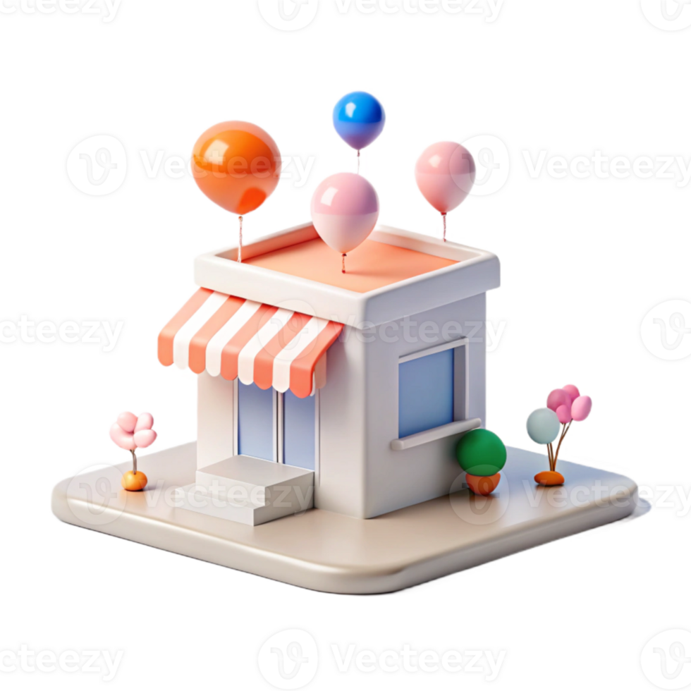 3D Render of a Small Store with Balloons on the Roof png