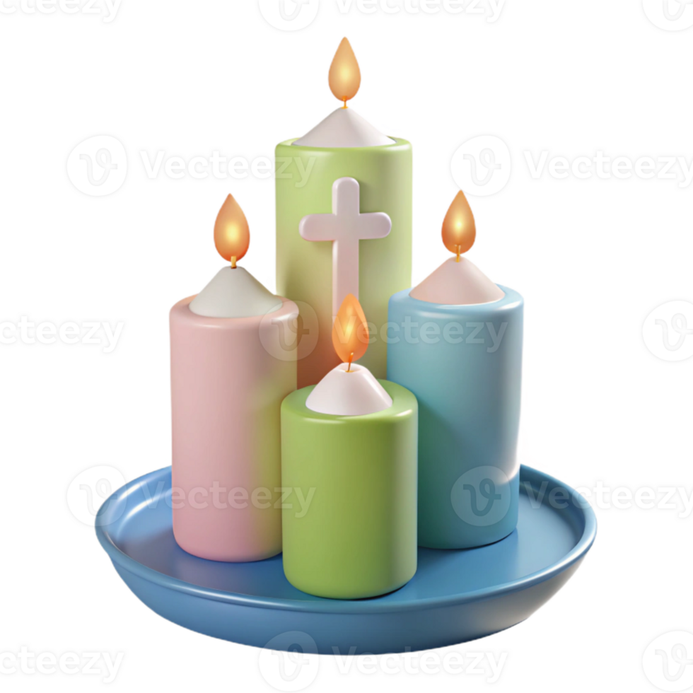 Four Colorful Candles with Cross on Green Candle png
