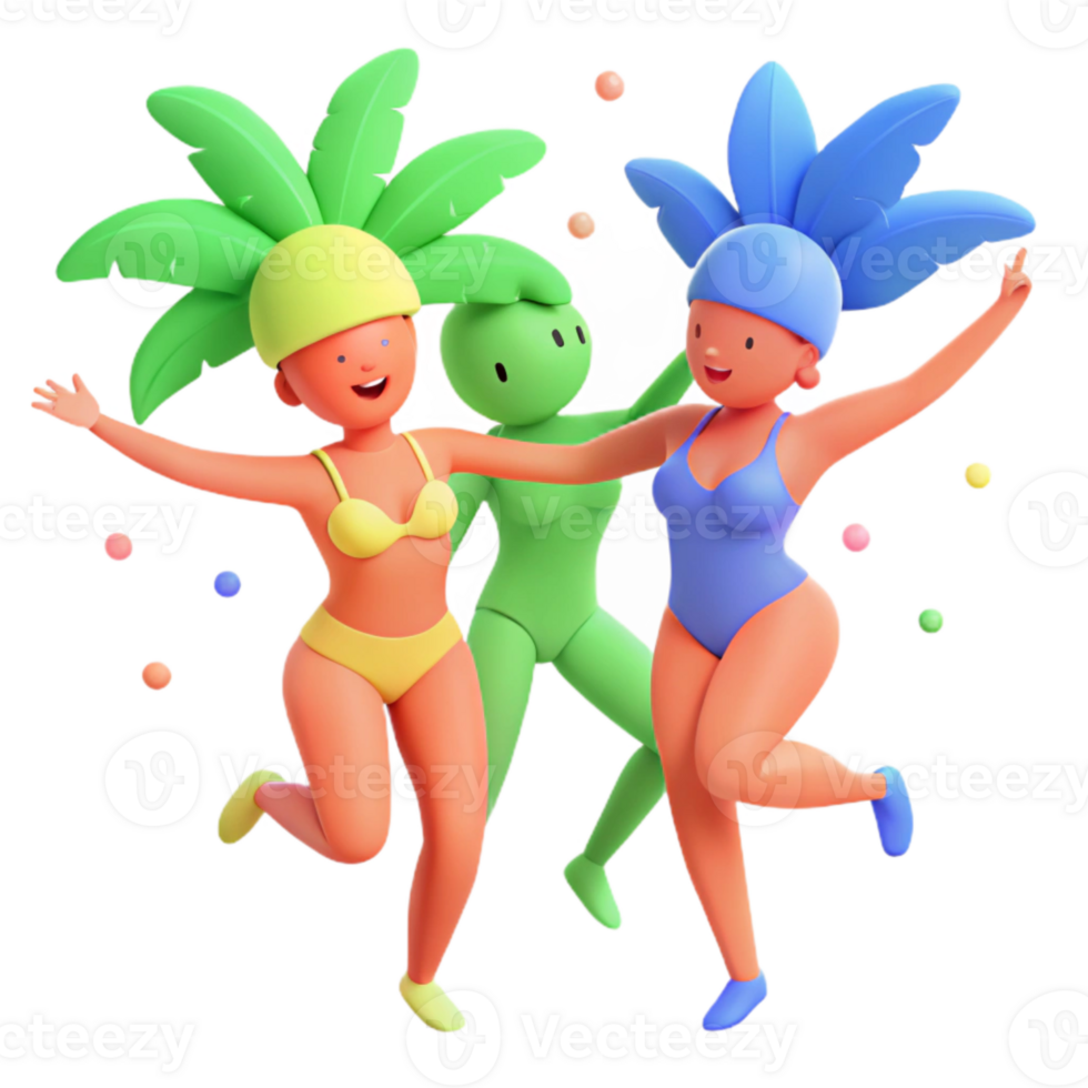 Three 3D Characters Wearing Swimsuits and Hats Celebrating png