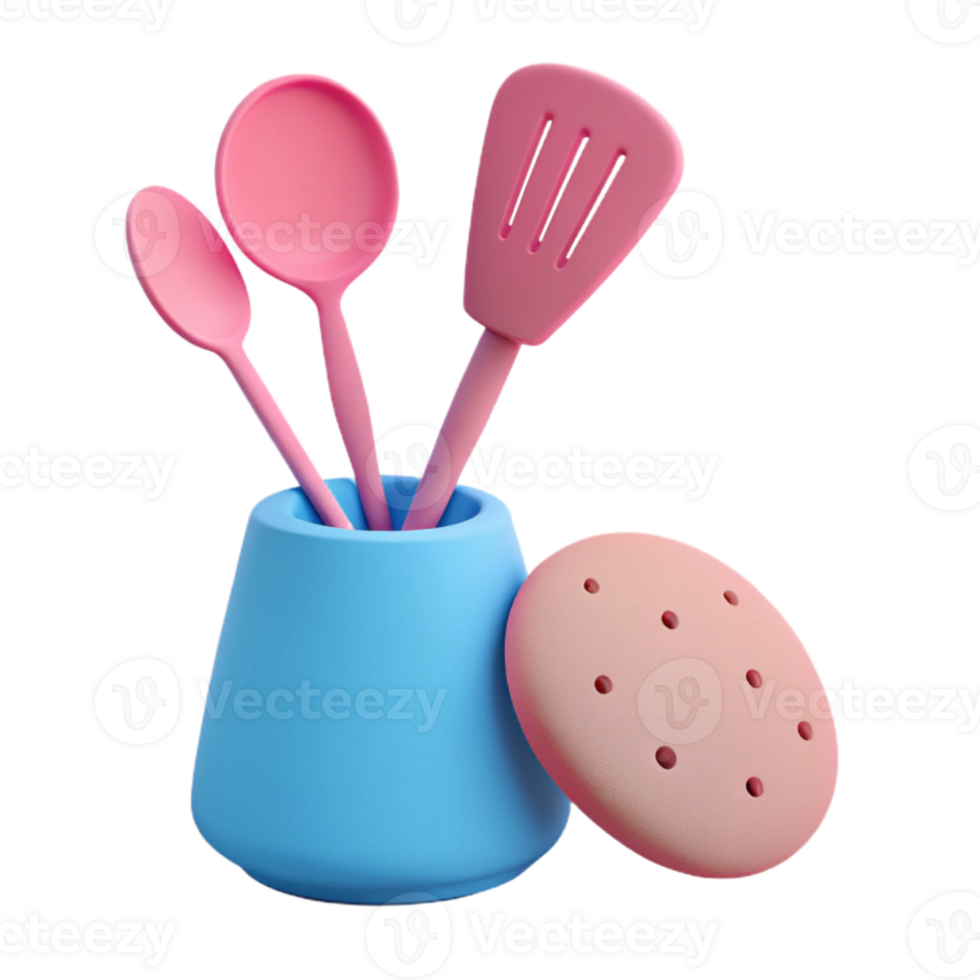 Pink Kitchen Utensils in a Blue Jar with a Pink Lid png