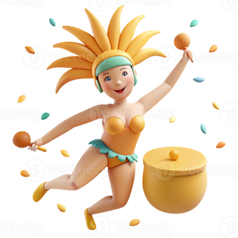 Cheerful Cartoon Character in Festive Attire with Maracas and Drum png