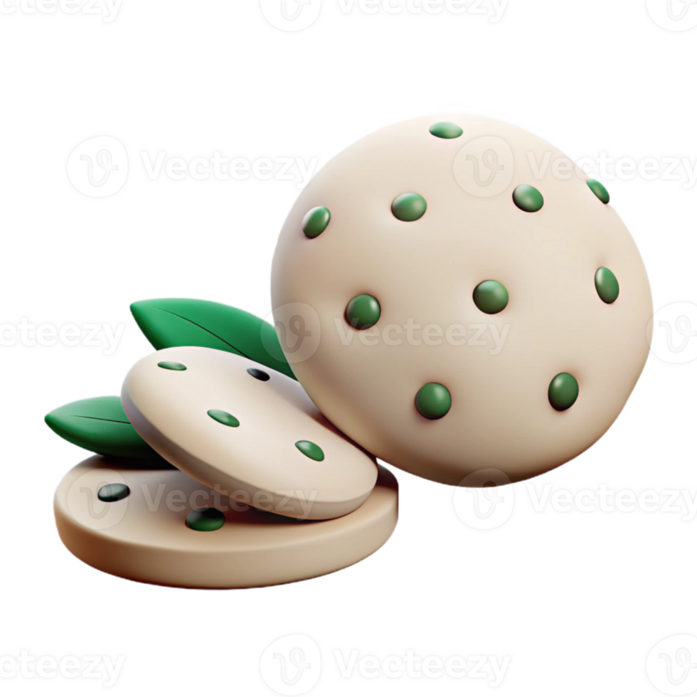 3D Rendered Cookies with Green Sprinkles and Leaves png