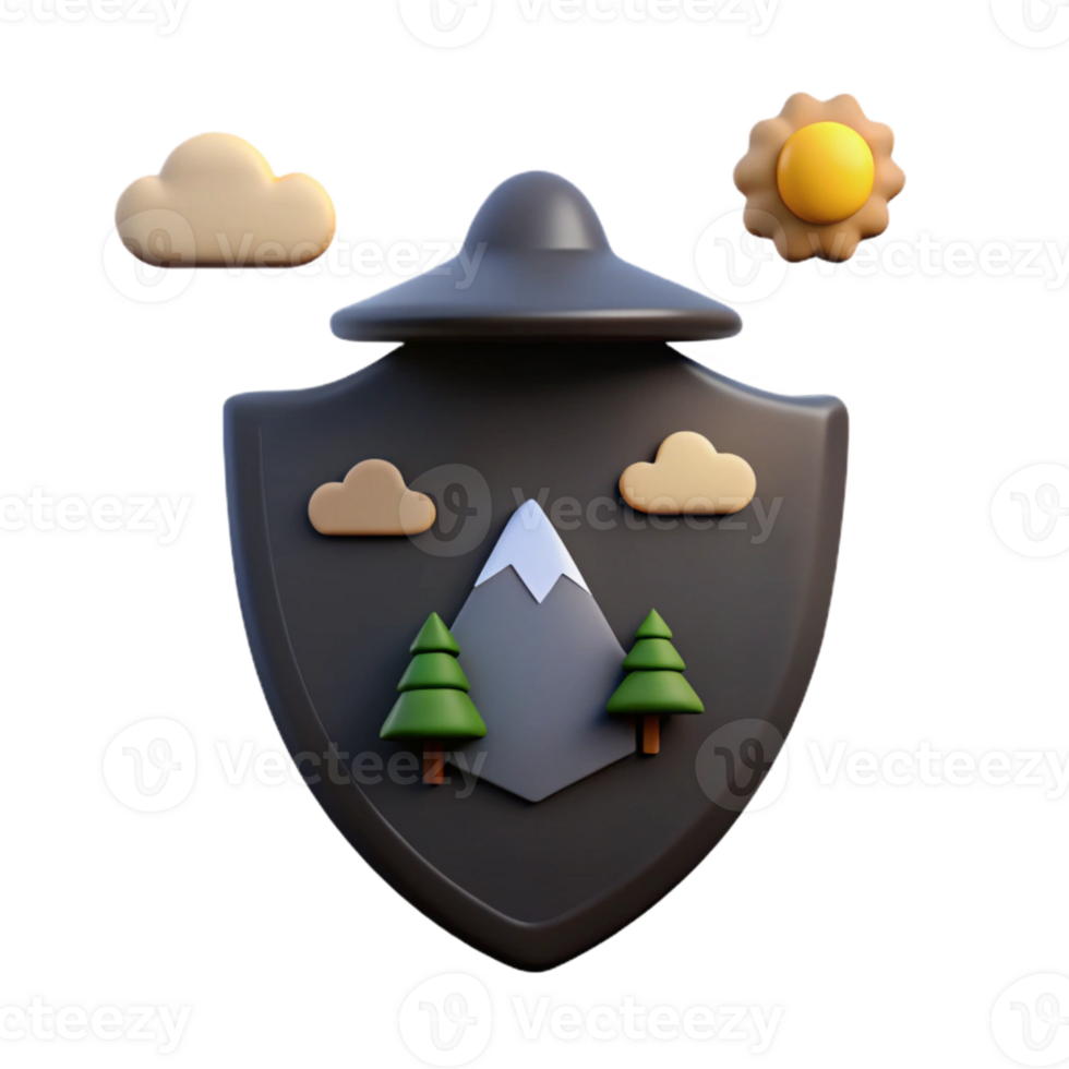 3D Mountain Scene with Trees and Clouds on Shield png