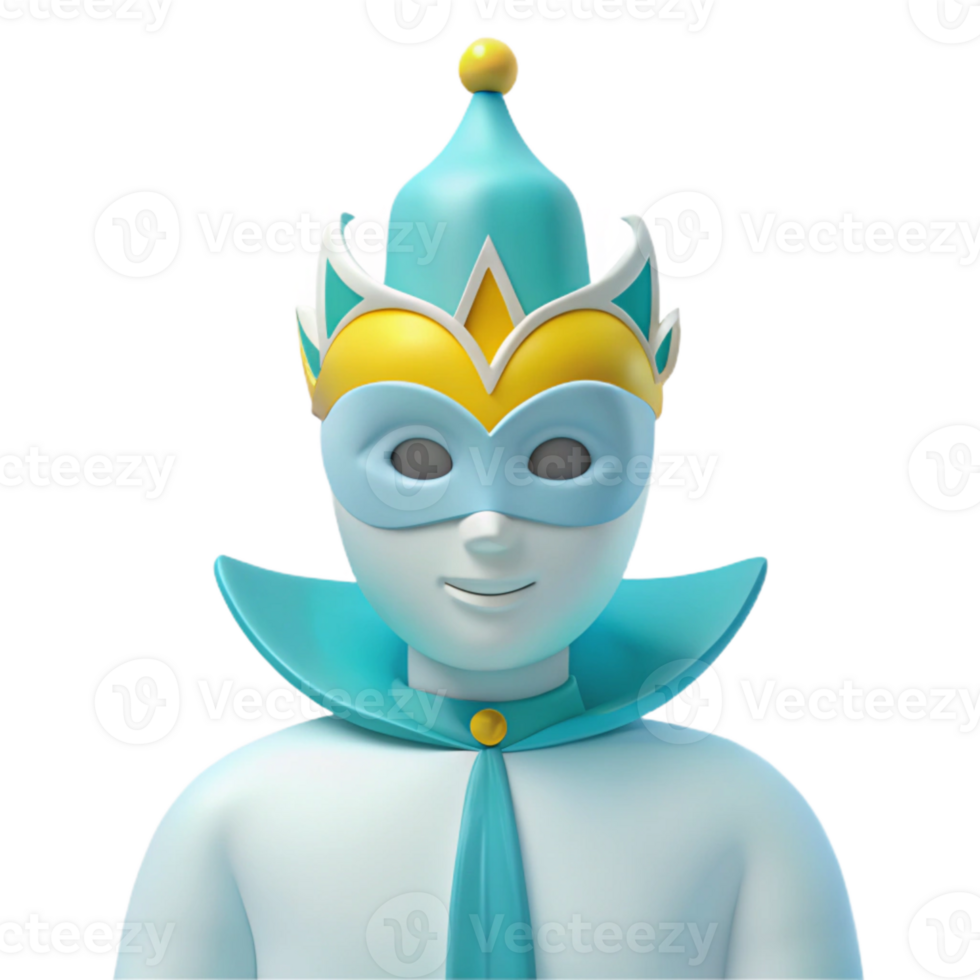 Smiling Cartoon Character Wearing a Blue and Yellow Mask and Crown png