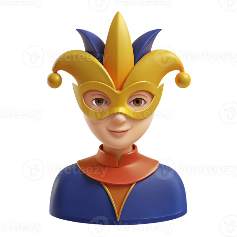 3D Cartoon Jester Character Wearing Mask and Hat png