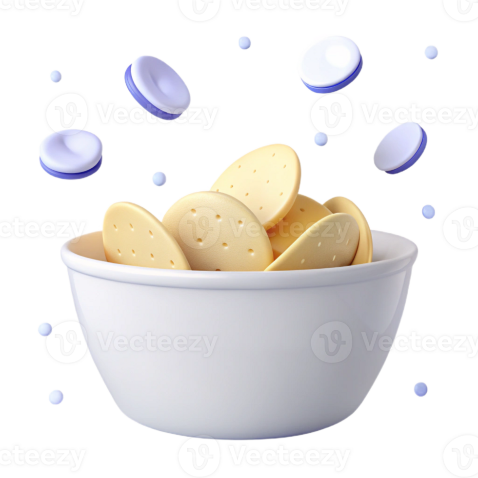 3D Render of a Bowl of Cookies with Flying Cookies png